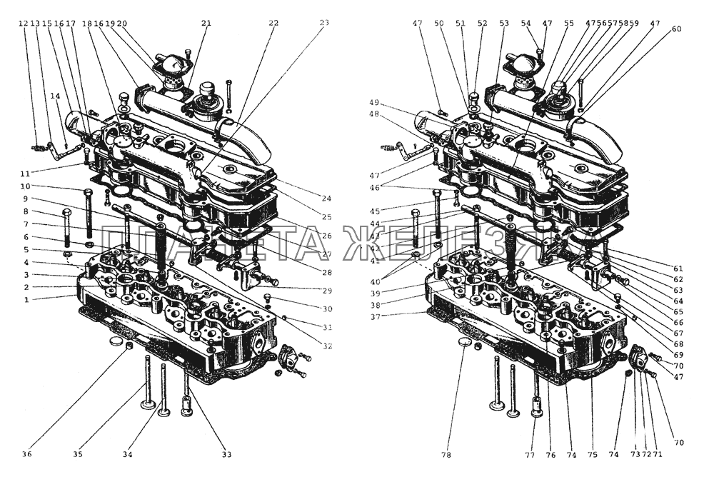 1003 Головка цилиндров. Клапаны и толкатели клапанов МТЗ-80 (2002)